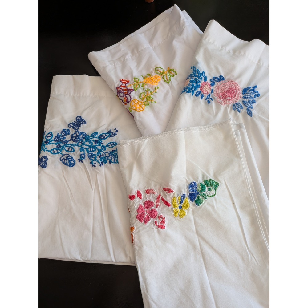 Vintage Hand Embroidered Floral Bird Cotton Pillowcase Set 4 Cottagecore